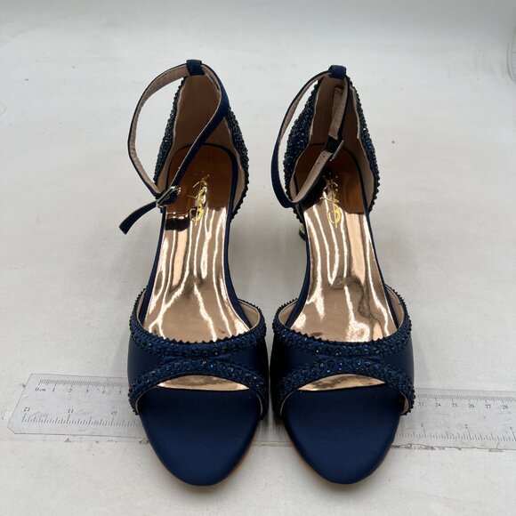 XYD Navy Bridal Ankle Strap Peep Toe Rhinestone Studs Block Low Heel Sandal - Picture 3 of 8